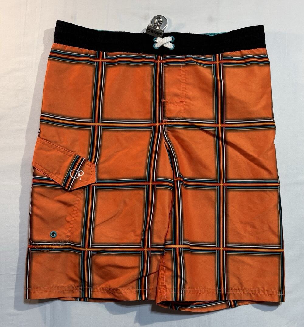 OP Orange Plaid Board Shorts Youth L/G 10-12 Swim Trunks Surf Beach Pockets